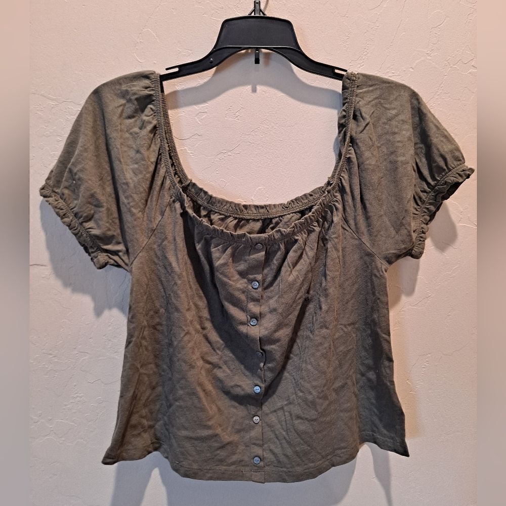 American Eagle Outfitters Puff Sleeve Square Neck Button Crop